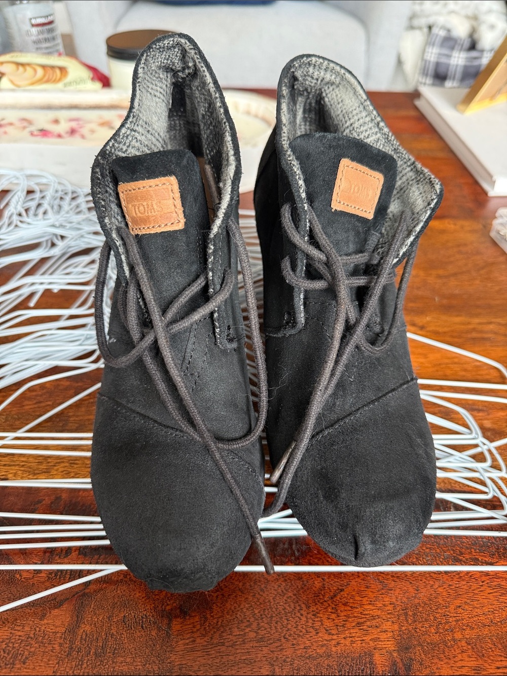 Toms Black Suede Wedge Lace-Up Ankle Booties
